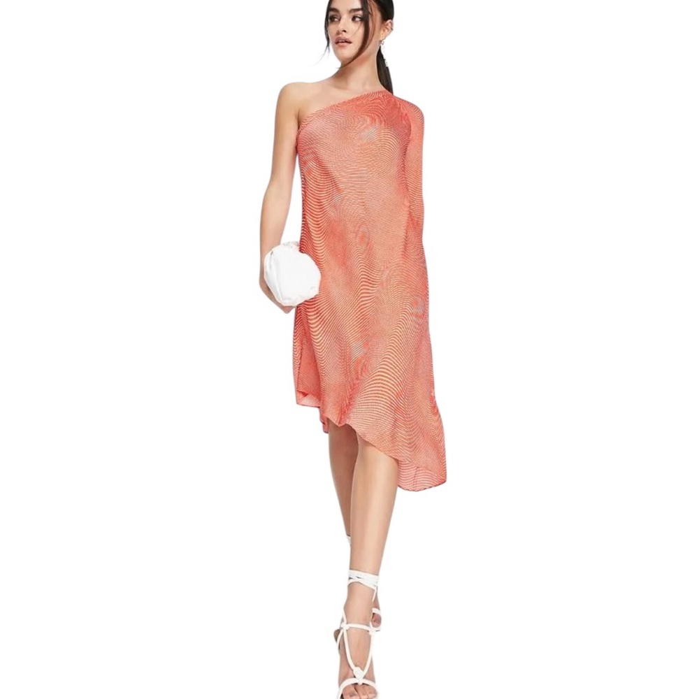 & Other Stories One-Shoulder Long Sleeve Asymmetrical Coral Dress XS
